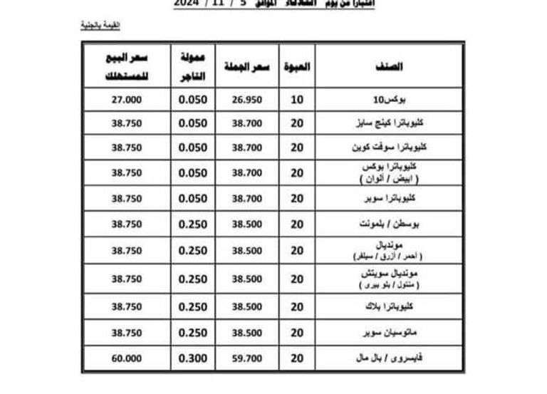 أسعار السجائر اليوم