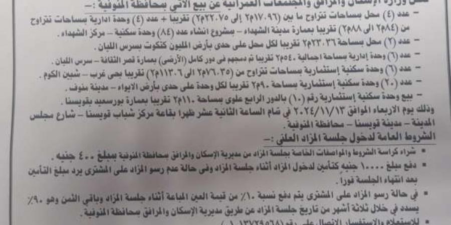 طرح محلات ووحدات إدارية وسكنية بمزاد علني في المنوفية.. الشروط - جريدة مانشيت